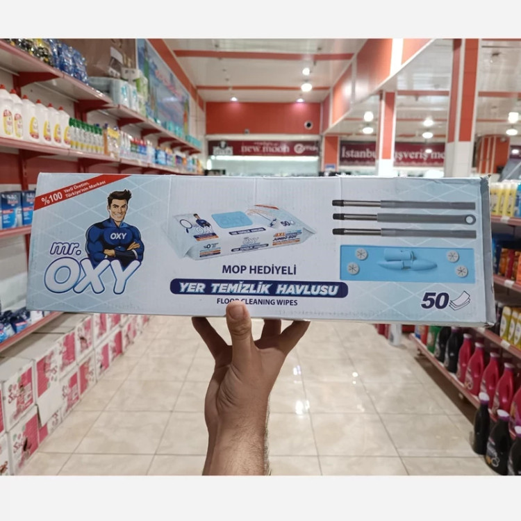 دستمال مرطوب مستر اکسی Mr. Oxy مخصوص تی بسته 50 عددی همراه با طی دسته دار