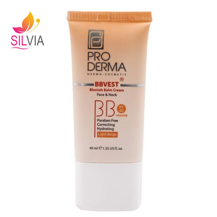 بی بی کرم پوشاننده و مرطوب کننده صورت رنگی بژ روشن پوست های چرب و جوشدار SPF40 پرودرما 40 میل
