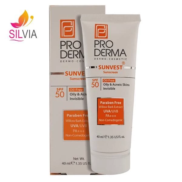 کرم ضد آفتاب فاقد چربی پوست های چرب و جوشدار بی رنگ SPF50 پرودرما 40 میل