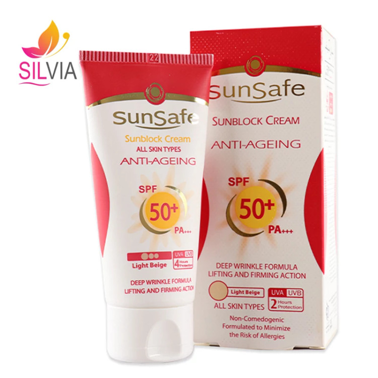 کرم ضد آفتاب ضد چروک انواع پوست بژ روشن SPF50 سان سیف 50 میل