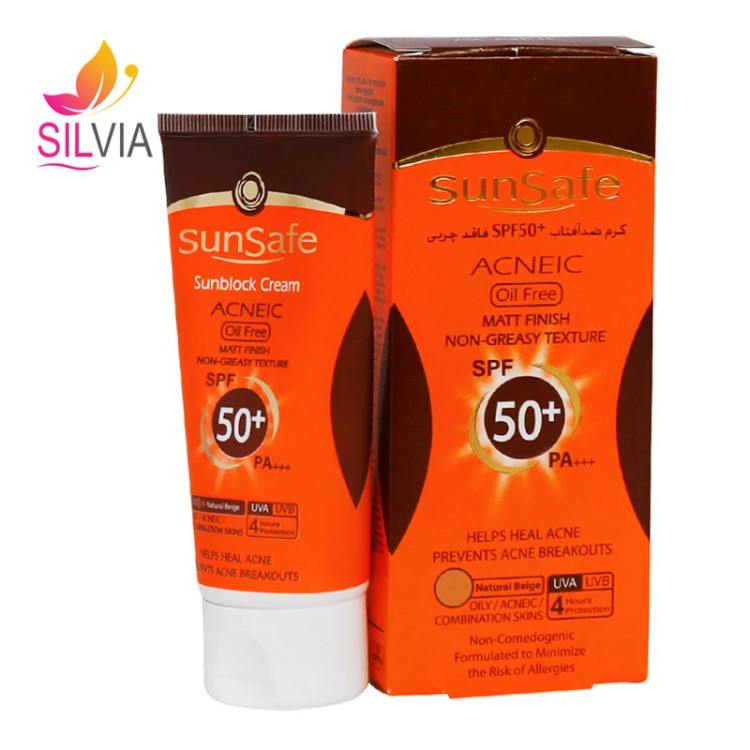 کرم ضد آفتاب فاقد چربی پوست چرب و آکنهای بژ طبیعی SPF50 سان سیف 50 میل