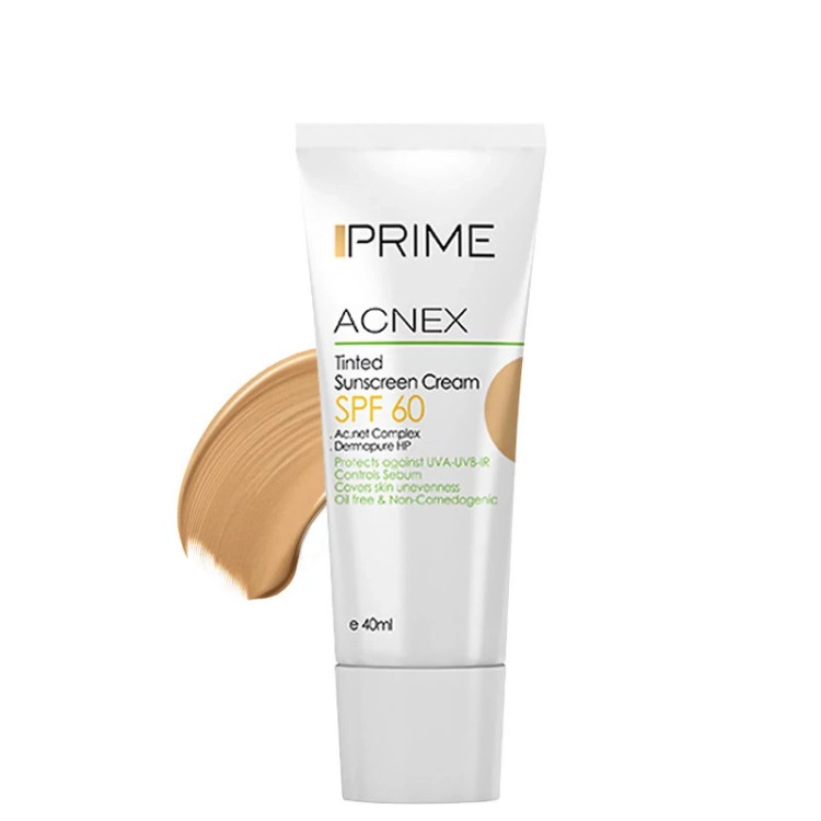 کرم ضد افتاب پریم فاقد چربی مناسب پوستهای چرب و جوش دار acnex spf 60 بژ 40 میل