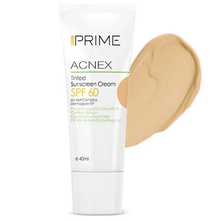 کرم ضد افتاب پریم فاقد چربی مناسب پوستهای چرب و جوش دار acnex spf 60 بژ روشن 40 میل