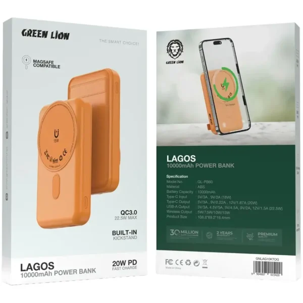 پاوربانک گرین لاین مدل Lagos با ظرفیت 10000 میلی‌آمپرساعت