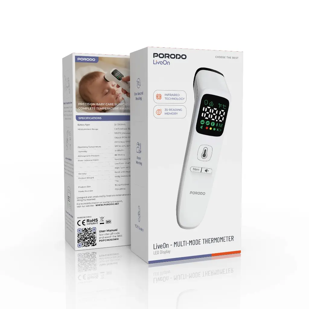 تب سنج دیجیتال پورودو مدل PDFCIR202WH | Porodo LiveOn – MULTI-MODE THERMOMETER LED Display