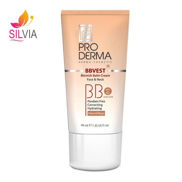 بی بی کرم پوشاننده و مرطوب کننده صورت رنگی بژ طبیعی پوست های چرب و جوشدار SPF40 پرودرما 40 میل