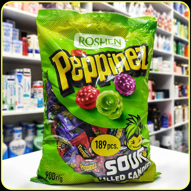 آبنبات ترش مغزدار پپینز Roshen Peppinez مدل Sour Filled Candies، بسته 900 گرمی