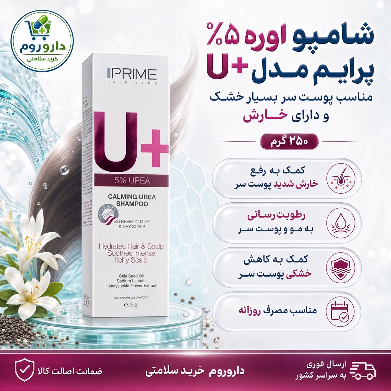 شامپو اوره 5 درصد پرایم مدل U مناسب پوست سر بسیار خشک و دارای خارش 250 گرم