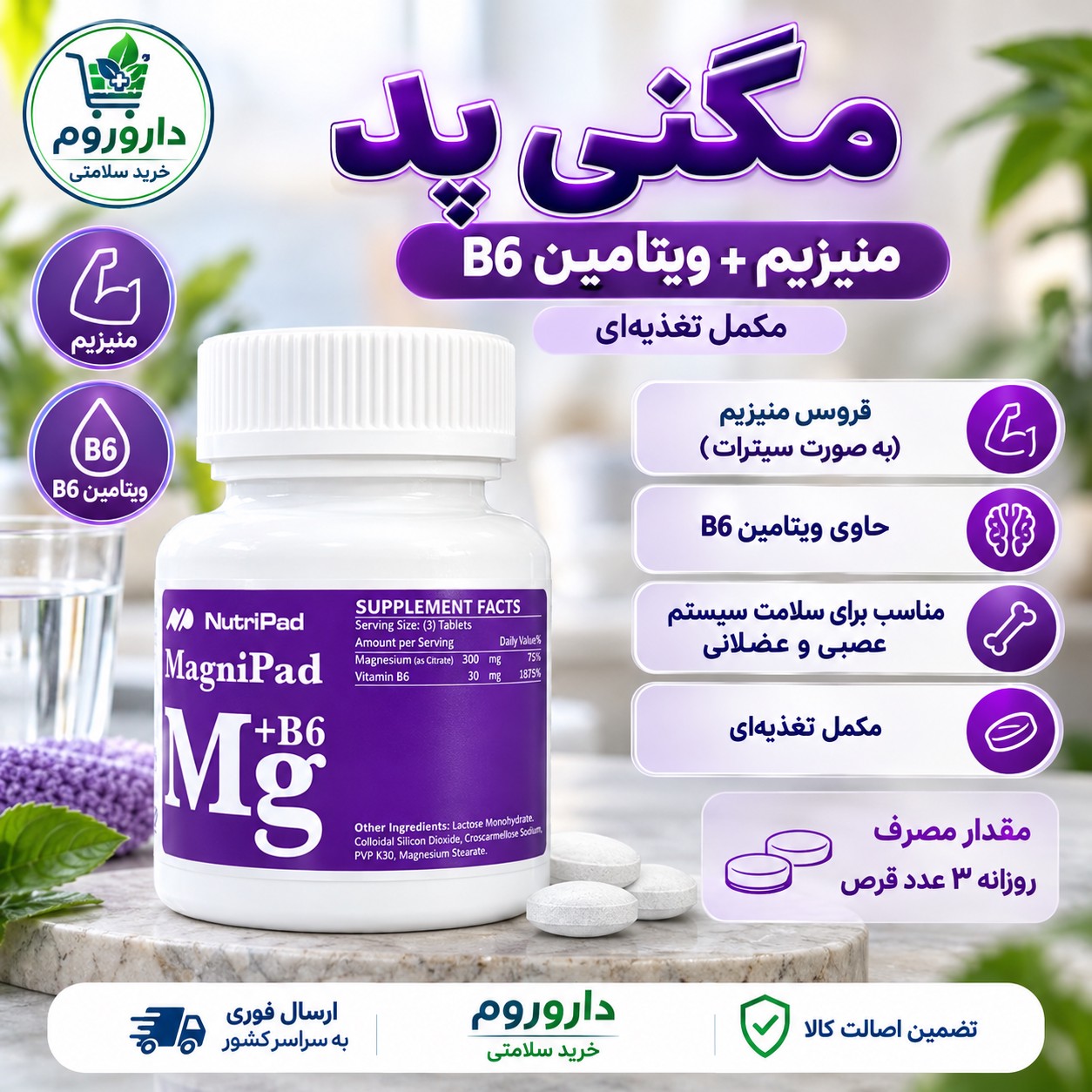 قرص مگنی پاد نوتری پاد منیزیم سیترات ویتامین B6 کمک به حفظ سلامت سیستم عصبی و عضلانی