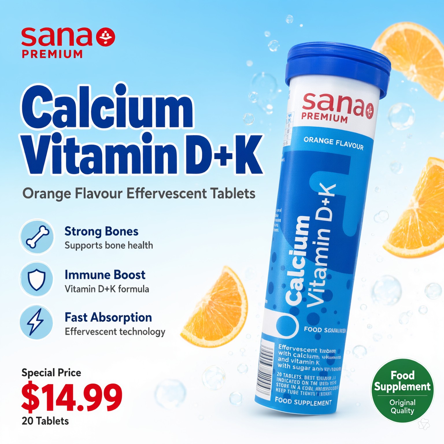 قرص جوشان کلسیم + ویتامین D+K سانا پرمیوم (Sana Premium)