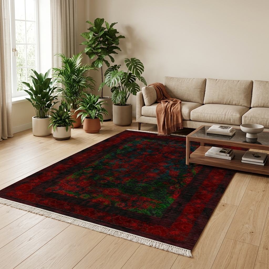 فرشینه مخمل ترک طرح قرمز وسبز تیره کد 2214