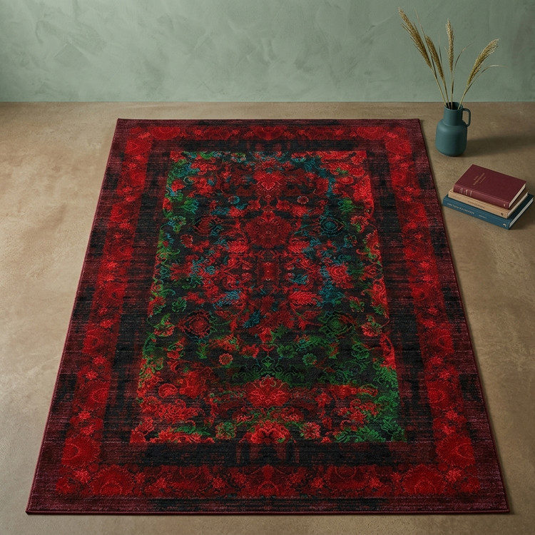 فرشینه مخمل ترک طرح قرمز وسبز تیره کد 2214