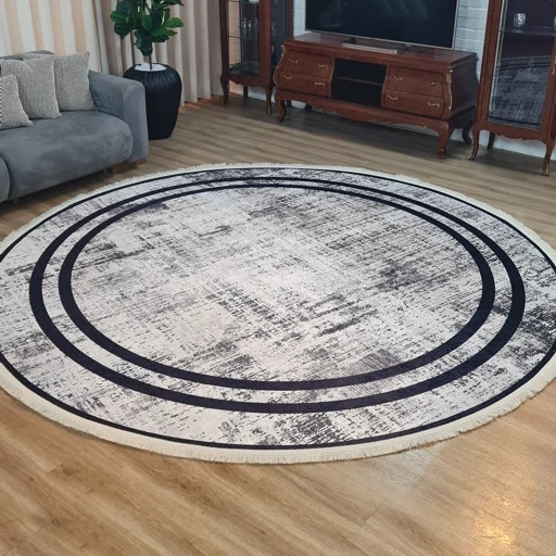 فرش گرد چاپی فرشینه طوسی مخمل هازان طرح مدرن c45