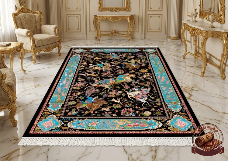 خرید فرشینه مخمل طرح ابریشم مدل شکارگاه و چوگان زمینه مشکی کد A005
