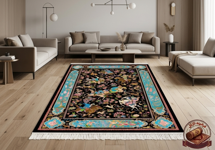خرید فرشینه مخمل طرح ابریشم مدل شکارگاه و چوگان زمینه مشکی کد A005