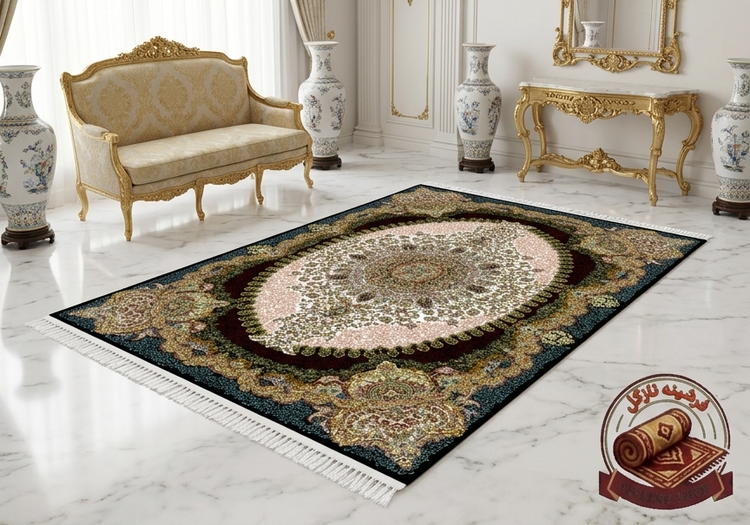 فرشینه مخمل طرح ابریشم رنگ زمینه تیره با حاشیه طلایی کد A106