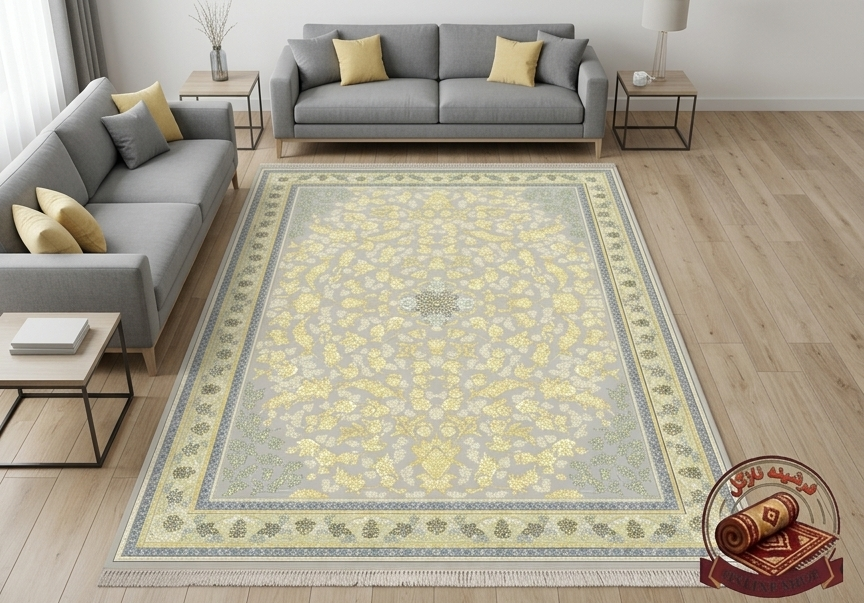 فرشینه مخمل طرح ابریشم رنگ طوسی فیلی و طلایی کد A101
