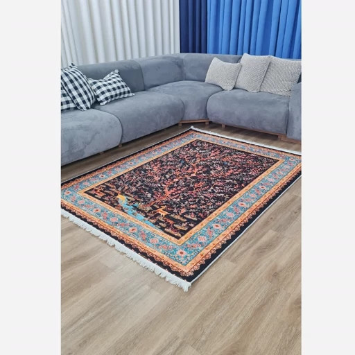 فرشینه مخمل ابریشم طرح درخت زندگی و آهو زمینه سرمهای با حاشیه فیروزهای کد A082