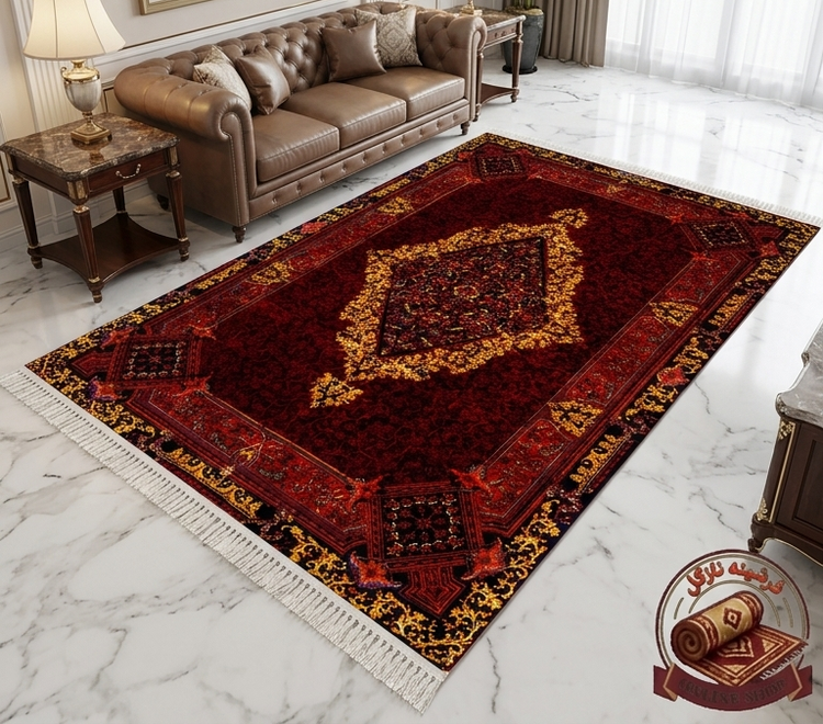 فرشینه ماشینی مخمل با طرح ابریشم رنگ لاکی کلاسیک کد A063