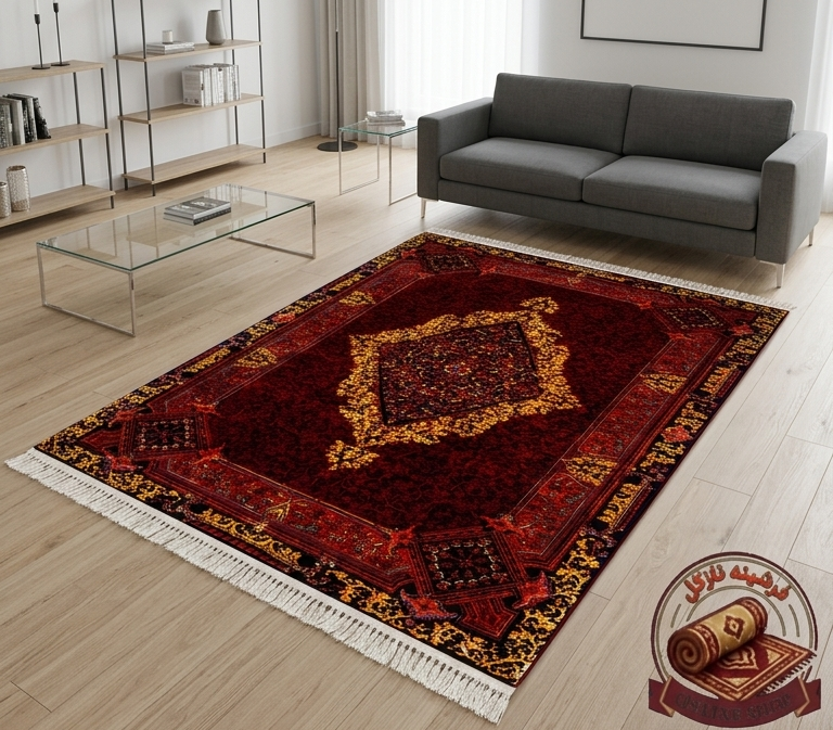 فرشینه ماشینی مخمل با طرح ابریشم رنگ لاکی کلاسیک کد A063