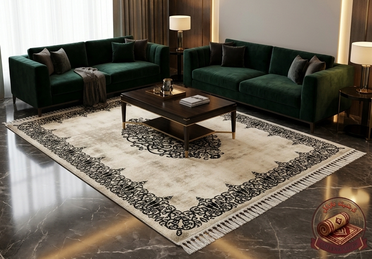 فرشینه مخمل ترک ضد حساسیت و بدون پرزطرح ترنج و حاشیه مشکی کد M290