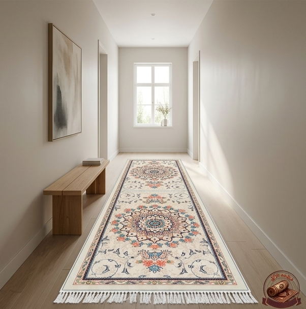 فرشینه مخمل ترک طرح کلاسیک تبریز رنگ کرم روشن کد R180