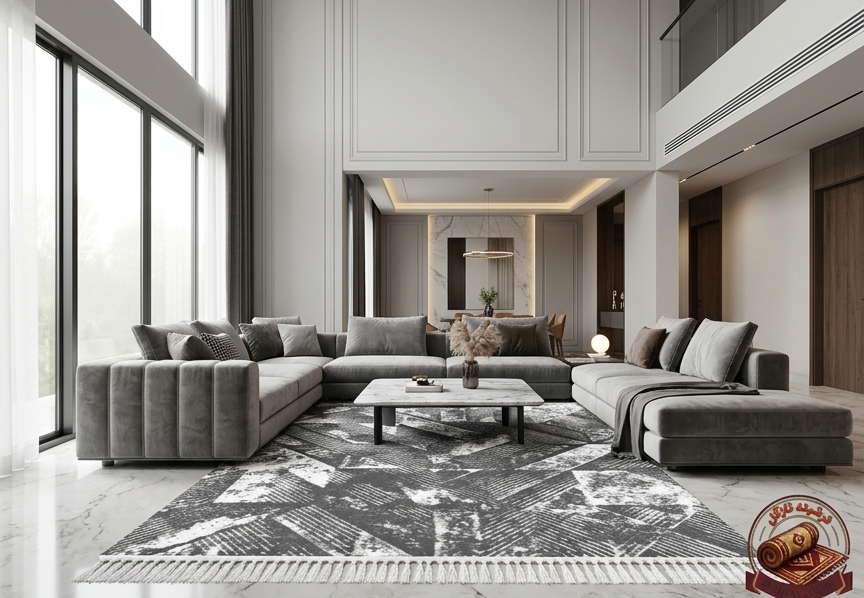 فرشینه مخمل طرح طوسی هندسی رنگ طوسی ذغالی کد M264