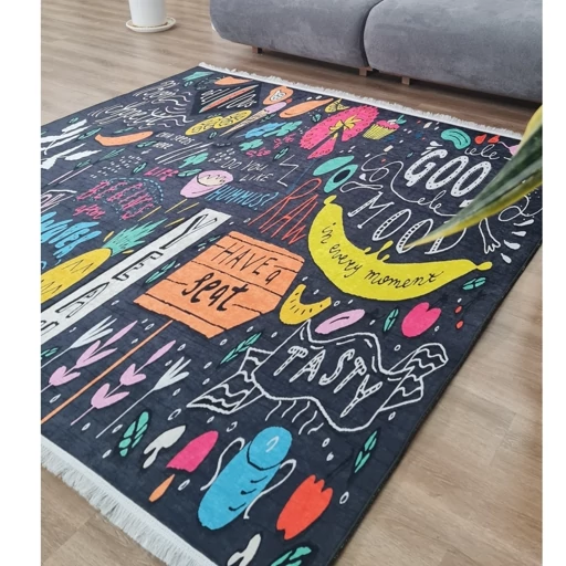 فرشینه آشپزخانه مخمل ترک طرح فانتزی تختهسیاه رنگ مشکی کد K106