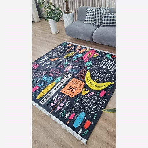 فرشینه آشپزخانه مخمل ترک طرح فانتزی تختهسیاه رنگ مشکی کد K106