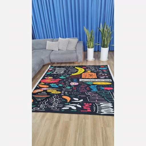 فرشینه آشپزخانه مخمل ترک طرح فانتزی تختهسیاه رنگ مشکی کد K106