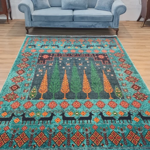 فرشینه مخمل هازان طرح فیروزه سبز آبی روستایی L289