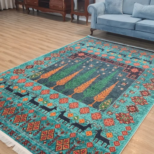 فرشینه مخمل هازان طرح فیروزه سبز آبی روستایی L289