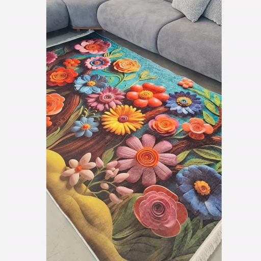 فرشینه مخمل ترک طرح گل سه بعدی کد 9114