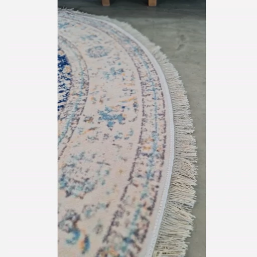 فرشینه گرد مخمل ترک زمینه سفید و آبی کد D148