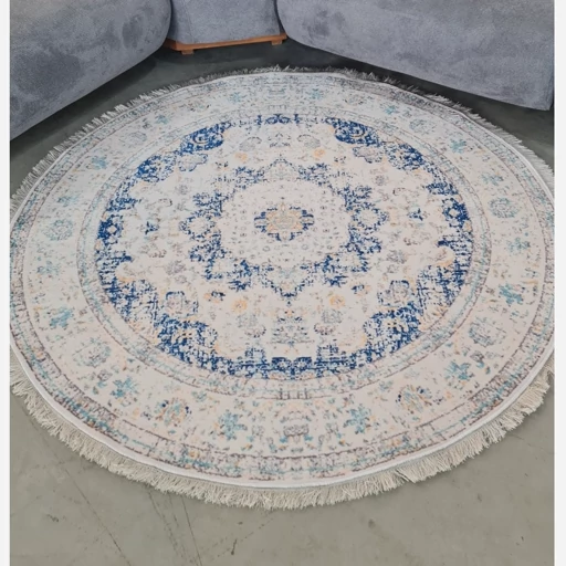 فرشینه گرد مخمل ترک زمینه سفید و آبی کد D148