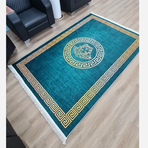 فرشینه مخمل مدرن لاکچری ورساچه مدوزا سبزآبی طلایی U456