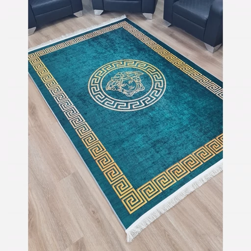 فرشینه مخمل مدرن لاکچری ورساچه مدوزا سبزآبی طلایی U456