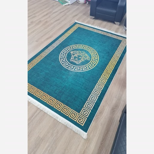 فرشینه مخمل مدرن لاکچری ورساچه مدوزا سبزآبی طلایی U456