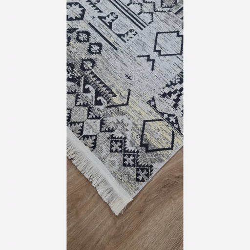 فرشینه مخمل ترک لوکس | طرح انتزاعی هندسی مدرن طوسی مشکی با رگههای طلایی | زیره ضدلغزش و ضد حساسیت کد U173