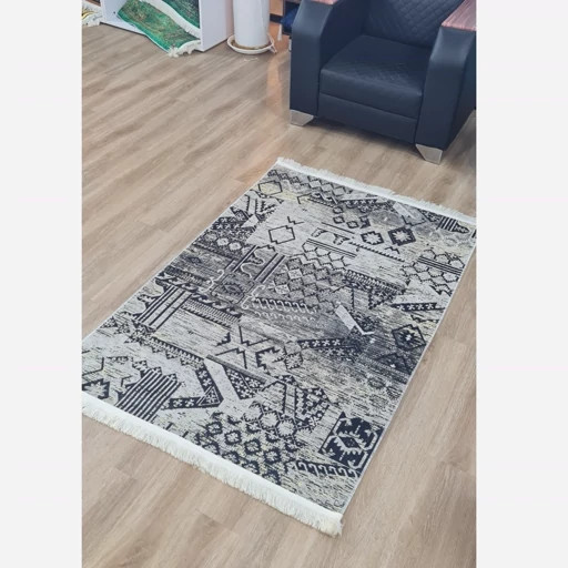 فرشینه مخمل ترک لوکس | طرح انتزاعی هندسی مدرن طوسی مشکی با رگههای طلایی | زیره ضدلغزش و ضد حساسیت کد U173