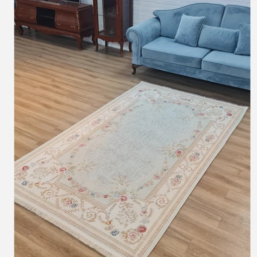 فرشینه مخمل ترک لوکس طرح کلاسیک، آبی پاستلی و کرم گلدار - کد M109