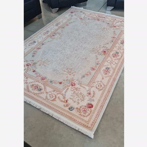 فرشینه مخمل ترک لوکس طرح کلاسیک، آبی پاستلی و کرم گلدار - کد M109
