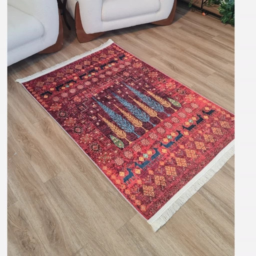 فرشینه قرمز طرح درخت مخمل تُرک ضدلغزش (ابعاد دلخواه) L293