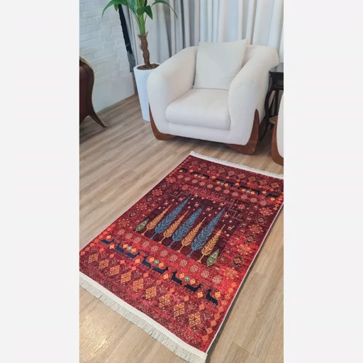 فرشینه قرمز طرح درخت مخمل تُرک ضدلغزش (ابعاد دلخواه) L293