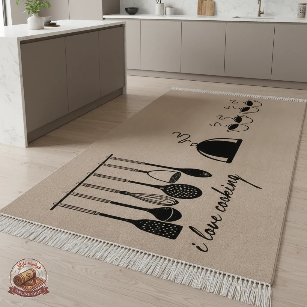 فرشینه آشپزخانه k110 | طرح I Love Cooking با وسایل فانتزی | رویه مخمل هازان ترک، ضدلغزش و قابل شستشو (تولید در ابعاد دلخ