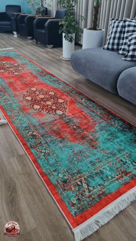فرشینه سبز مناسب راهرو جنس رویه مخمل هازان تُرک نرم و صاف زیره استُپ دار (ضدلغزش) u459