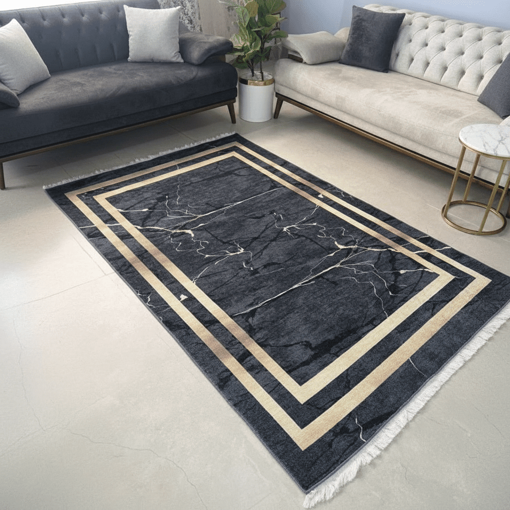 فرشینه مشکی طلایی مخمل مدرن طرح سنگ h410 استُپ دار(ابعاد دلخواه)