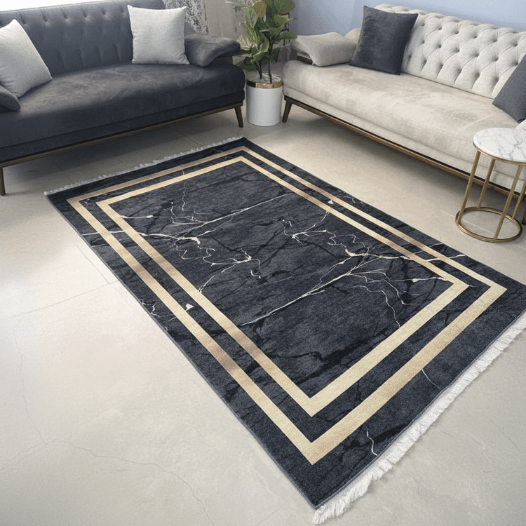 فرشینه مشکی طلایی مخمل مدرن طرح سنگ h410 استُپ دار(ابعاد دلخواه)