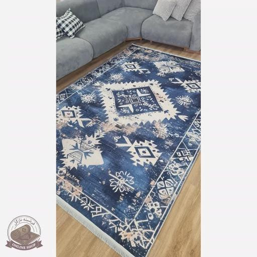 فرشینه مدرن وینتیج سرمهای کرم | طرح هندسی بوهو | ضد لغزش و قابل سفارش در ابعاد دلخواه | کد u185