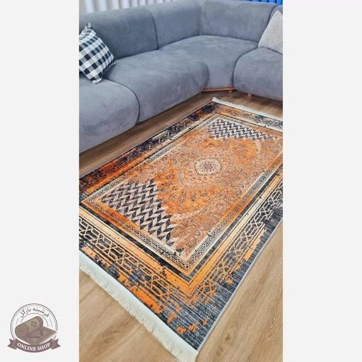 فرش وینتیج مخمل نارنجی مشکی h482 استُپ دار ( ضد سُر )